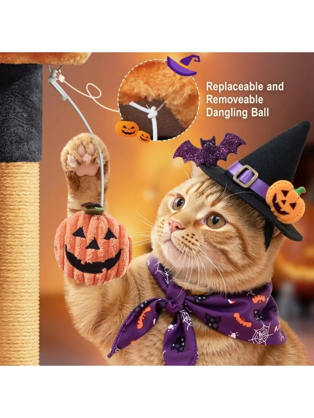 Halloween Cat Tree for Cats - Black & Pumpkin Orange Small Cat Tower, Fun & Cozy